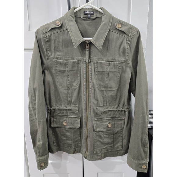 Express Womens Utility Jacket Utility Chic Zip Up Flap Pockets Army Green Size S - Picture 1 of 8